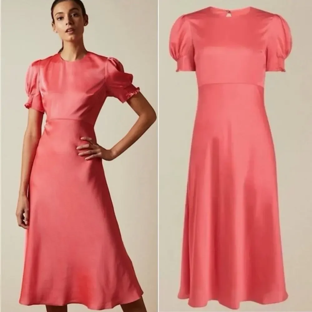 Ted Baker Textured Satin Midi Dress Size 12 Coral Pink Puff Sleeve modest chic - Picture 11 of 12